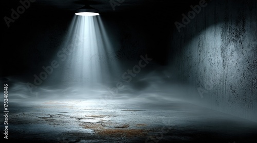 The misty atmosphere enveloping a dark and empty stage setting.