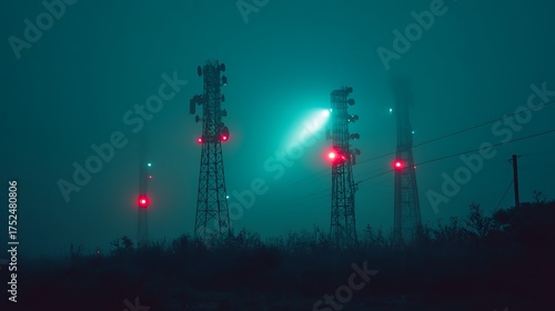 Mysterious Communication Towers: A silhouette of communication towers stand tall amidst a dense fog, illuminated by eerie red lights and a single bright light, creating a sense of intrigue.