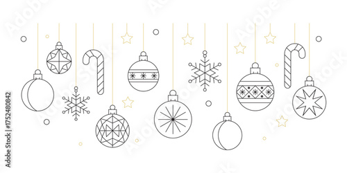 Elegant minimalist Christmas line art vector collection featuring golden and black holiday ornaments, snowflakes, stars, bells, and festive decorations in modern balanced stroke design