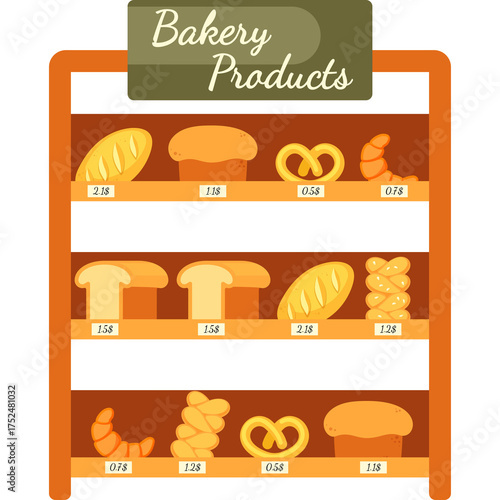 Papier peint Bakery Products Display Shelf Featuring Assorted Baked Goods Like Bread Croissan