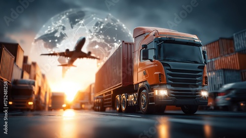 dynamic transportation and logistics concept, showcasing various modes of freight transport such as trucking and aviation, integrated with digital connectivity and global networking.