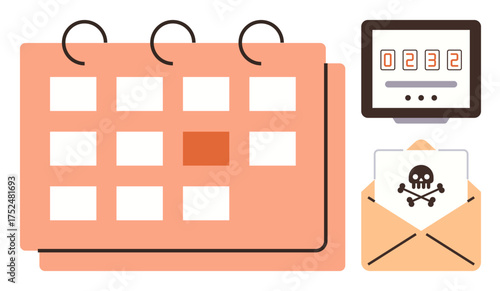 Spiral-bound calendar with highlighted date, countdown screen, and malware warning in an envelope. Ideal for planning, cybersecurity, risk management, deadlines, online threats, organization simple