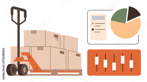 Hand pallet truck with stacked boxes, pie chart, and control panel sliders. Ideal for logistics, shipment, inventory, warehouse, analytics supply chain operations management. Simple flat metaphor