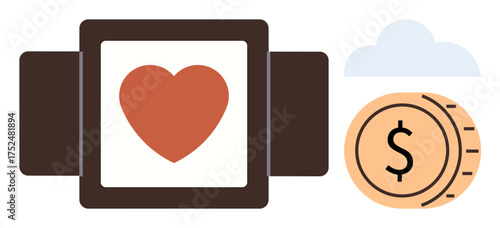 Heart in rectangular frame, coin with dollar sign next to cloud. Ideal for charity, donation, love, finance, digital economy, value social causes. A simple flat metaphor