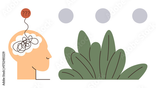 Human head with a cloud and tangled lines symbolizing confusion, three dots for abstract ideas, and greenery for calmness. Ideal for mental health, mindfulness, psychology, growth, self-care