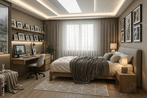 Cozy modern bedroom interior with wooden furniture and neutral tones
