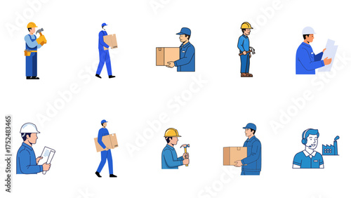Icon Set of Construction, Logistics, and Manual Labor Workers
