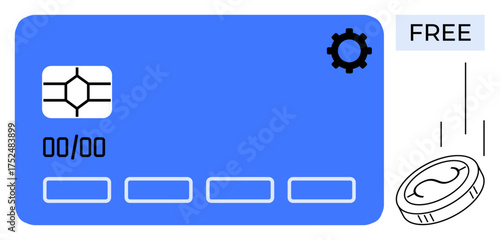 Blue payment card with chip, cogwheel for settings, and a falling coin symbol with Free text. Ideal for banking, fintech, savings, shopping, digital wallets, subscriptions simple flat metaphor