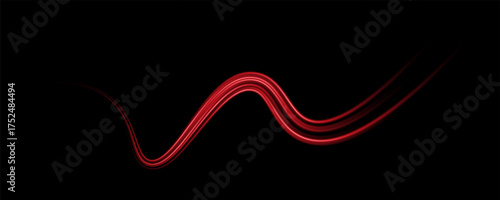 Abstract red speed light lines neon ring glowing circle round movement on black background vector illustration.