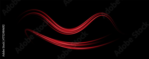 Abstract red speed light lines neon ring glowing circle round movement on black background vector illustration.