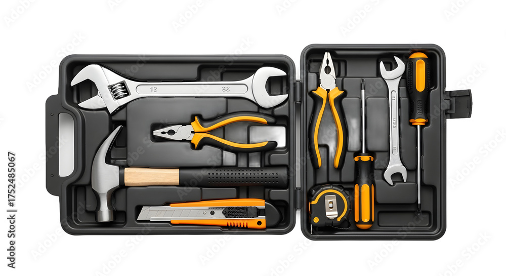 Fototapeta premium Flat lay of a comprehensive toolkit, featuring essential repair instruments neatly arranged in an open black plastic box, isolated on pure white background