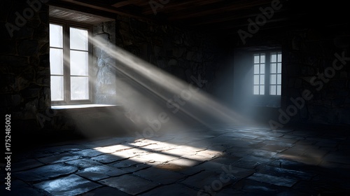 Light beams stream through old windows into a dark stone room.