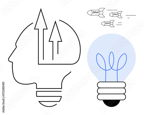 Head silhouette with upward arrows symbolizes growth, alongside lightbulb representing ideas. DDoS attack missiles illustrate cybersecurity threats. Ideal for innovation, cybersecurity, technology