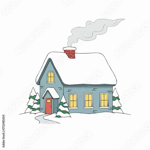 Cozy winter cottage with snow covered roof and smoke coming from chimney