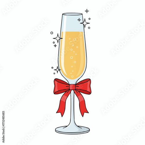 Champagne flute with red bow and sparkling bubbles for celebration