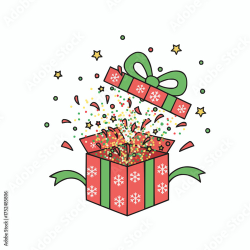 Festive open gift box with confetti and stars vector illustration