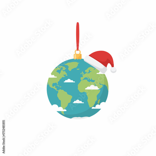 Festive earth globe christmas ornament with santa hat vector illustration scalable holiday design