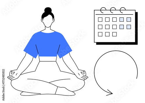 Woman in lotus pose meditating next to a calendar with repetitive cycle arrow. Ideal for mindfulness, self-care, habit tracking, time management, personal growth, productivity, simple flat metaphor