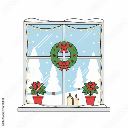 Cozy christmas window scene vector illustration with wreath poinsettias and snowflakes festive winter holiday