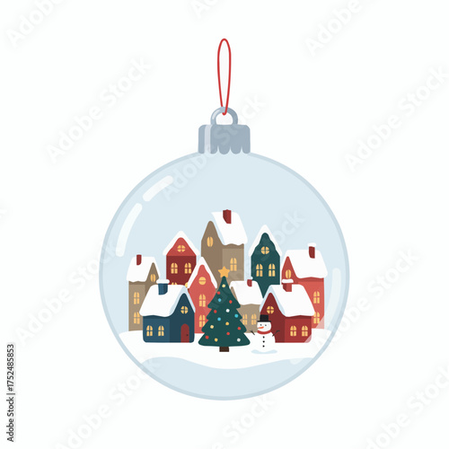 Charming winter village scene inside a transparent christmas ornament vector illustration