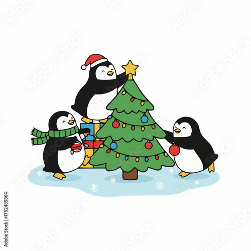 Cute penguin family decorating a christmas tree vector illustration for holiday celebrations