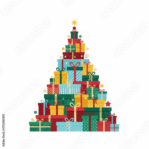Festive christmas tree shape formed entirely from colorful gift boxes and presents