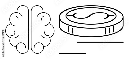 Brain outline next to a coin representing the balance of intellect and money. Ideal for finance, decision-making, economics, mental capacity, wealth planning, investment, and abstract thinking. Bold
