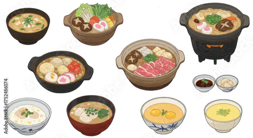 Collection of Japanese Hot Pot Dishes and Steamed Egg Custard Food Illustrations