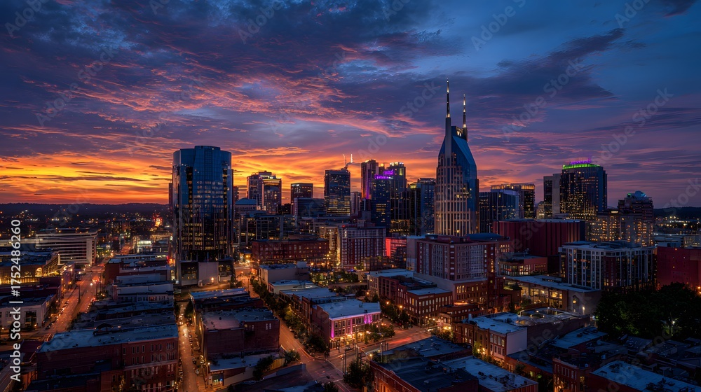 Fototapeta premium Cityscape at dusk with vibrant sunset sky illuminating urban architecture.