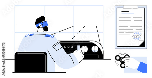 Pilot in uniform managing cockpit controls, reviewing a document on clipboard, spinning a gadget. Ideal for teamwork, aviation, responsibility, focus, multitasking, professionalism flat concept