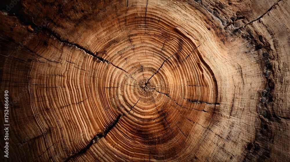 Fototapeta premium Close-up texture of a weathered tree trunk showing growth rings and cracks.