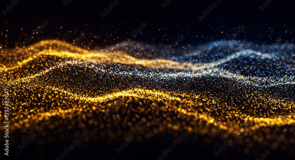 Fototapeta premium Stunning abstract background with vibrant golden and blue glittering particles flowing in waves