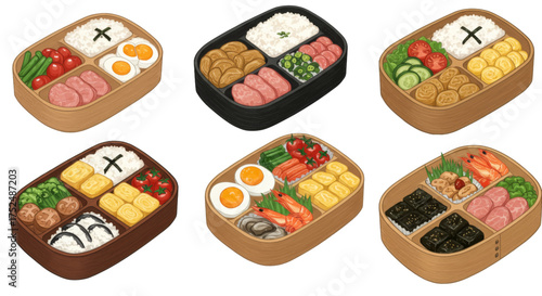 An assortment of delicious and colorful Japanese bento lunch boxes filled with various food items
