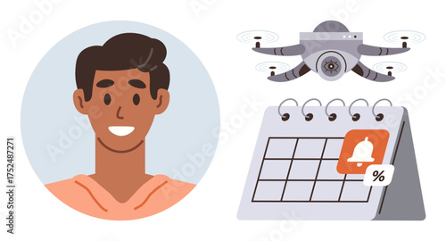 Young man smiling, quadcopter with camera hovering, calendar displaying notification with bell and percentage. Ideal for technology, scheduling, delivery, reminders, innovation, automation