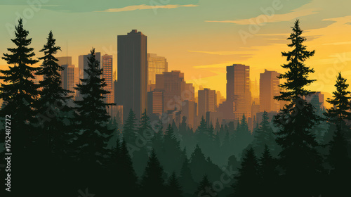 Urban expansion contrasts beautifully with surrounding vegetation as sun sets behind skyline, creating serene atmosphere