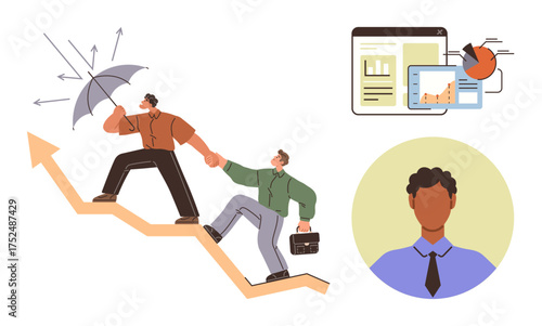 Two professionals climbing an arrow symbolizing growth, one shielding with an umbrella, data analytics tools, and a business avatar. Ideal for leadership, teamwork, business strategy, resilience