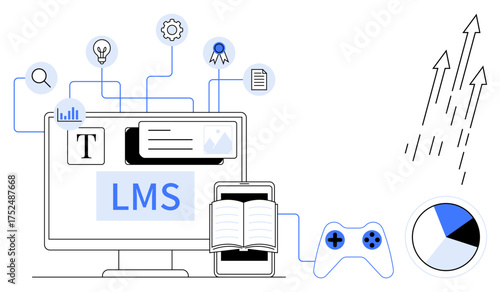 Computer screen with LMS, open book, gaming controller, pie chart, and connected icons highlight digital learning, gamification, analytics, and innovation. Ideal for education e-learning training