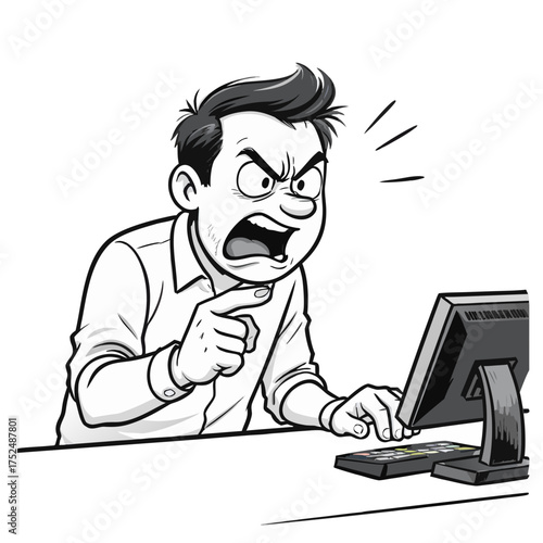 Digital Frustration: A man is consumed by anger and frustration while interacting with a computer, his expression and posture clearly conveying his annoyance. 