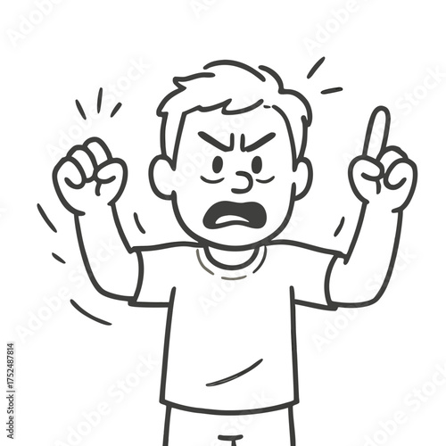 Anger and Frustration: A person expresses intense anger through a clenched fist and raised index finger, with an expression of frustration.