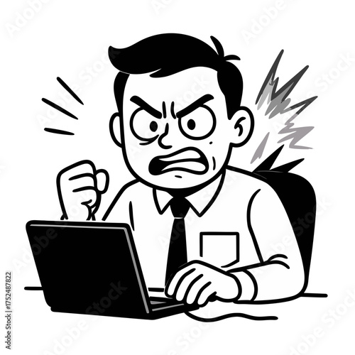 Digital Frustration: A frustrated worker, hunched over his laptop, expresses his anger with a clenched fist and furrowed brow, representing the challenges of modern work life.