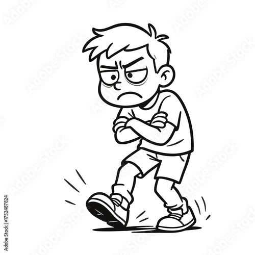 Illustrative Mood of a Frustrated Child: This monochrome illustration captures the raw emotion of a child consumed by anger, the cross arms and stomping foot narrating a moment of pure frustration.