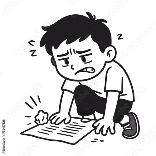 Frustration: A young boy expresses disappointment. A hand-drawn illustration captures a moment of frustration as a young boy faces a setback in his endeavors. He is rendered in a simple.