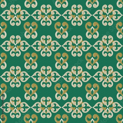 Green Seamless Pattern with Beige and Brown Abstract Floral Motifs and Wavy Ribbon Accents