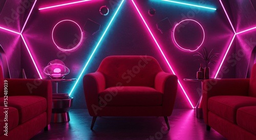 two red chairs in a room with neon lights