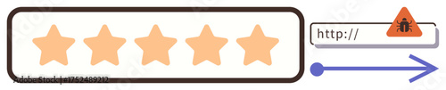 Five stars for rating, alert triangle near URL bar, and an arrow pointing to an external link. Ideal for feedback, reviews, security, navigation, quality, warnings simple flat metaphor