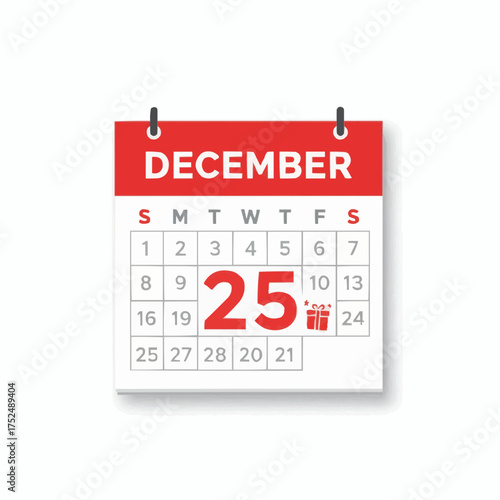 December calendar page showing christmas day on the 25th with gift icon