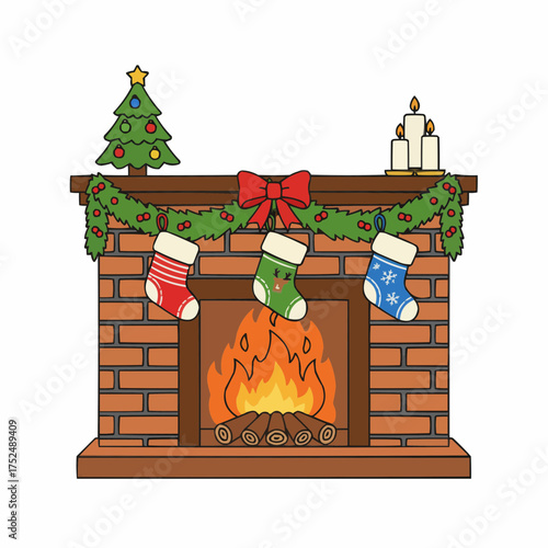 Cozy christmas fireplace scene with stockings and decorated tree