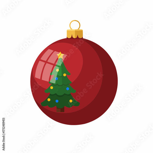 Red christmas ornament with a festive tree inside and a gold cap