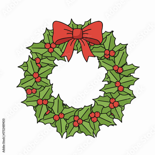 Traditional christmas holly wreath with red berries and a festive red bow