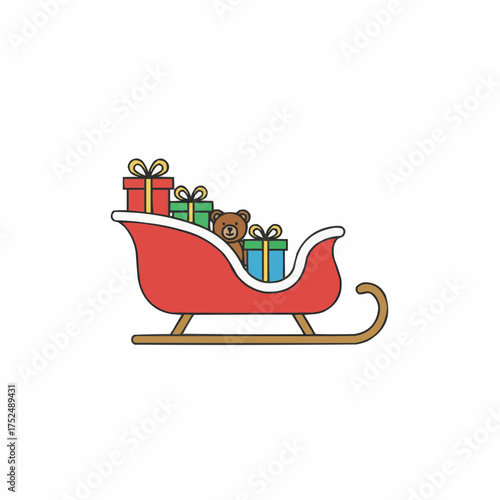 Red santa sleigh filled with colorful gift boxes and a teddy bear illustration